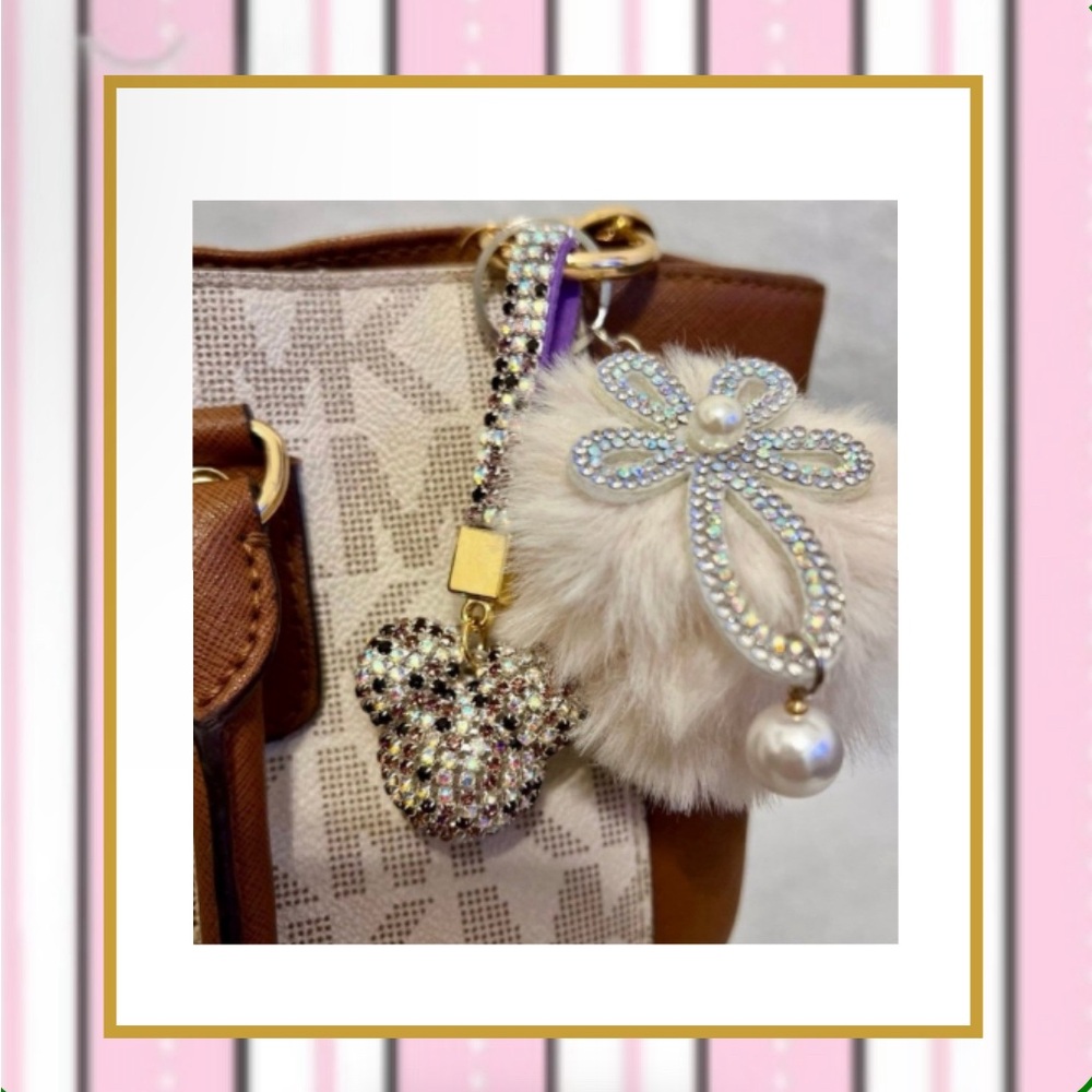 Mickey Shape Rhinestone keychain/pendant & fur ball SILVER/BLACK/PURPLE